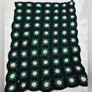 Granny Square Crocheted Afghan 3D Floral Rose Throw Black Green Peach Large
